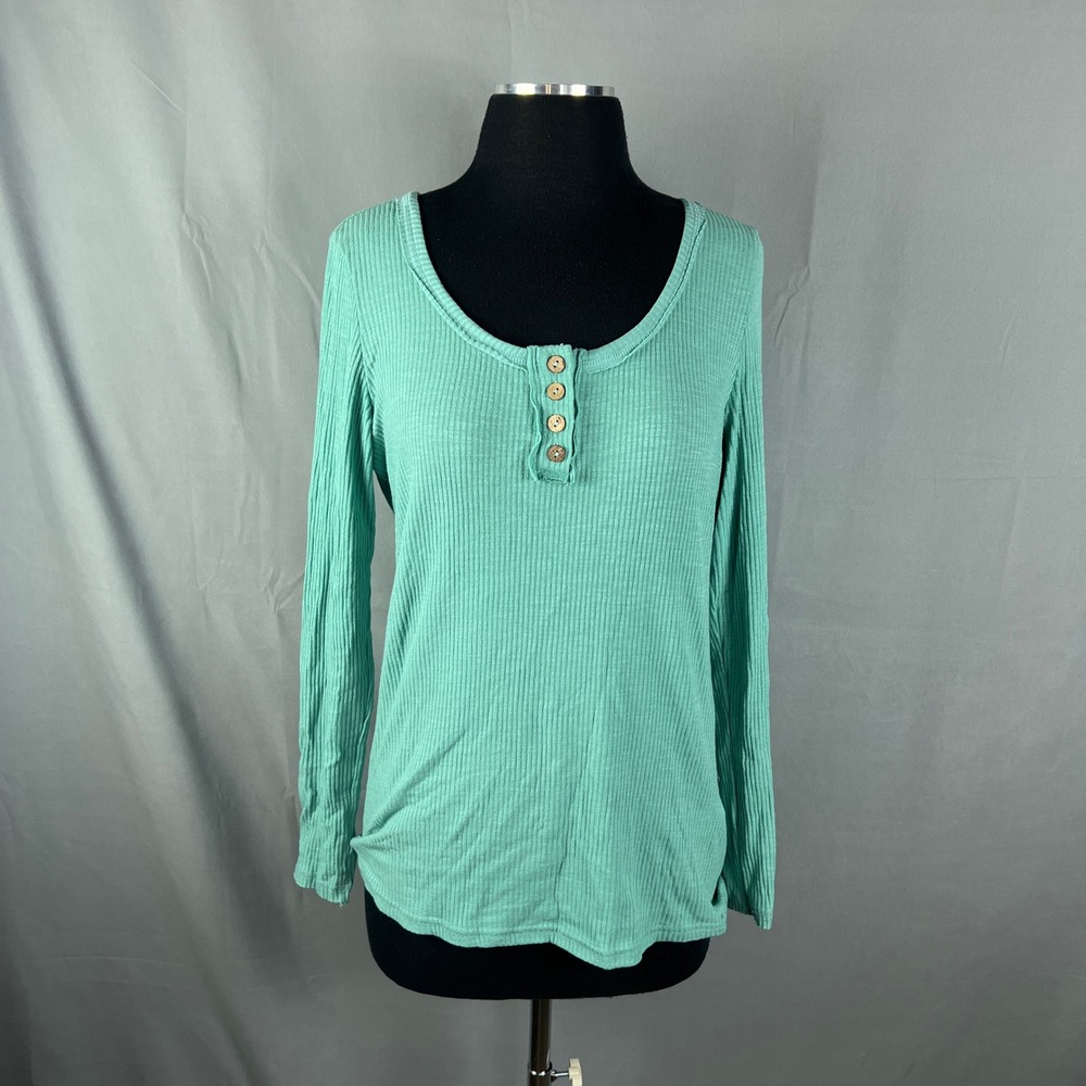 Kissfix Henley Shirt Womens Large Turquoise Ribbed Knit Scoop Neck Long Sleeve